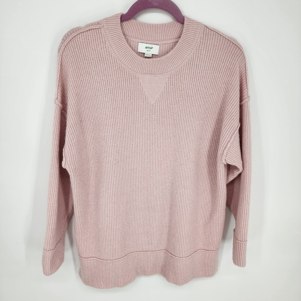 Aerie Oversized Crewneck Sweater Womens XS Blush Pink Ribbed‎ Knit Pullover Cozy